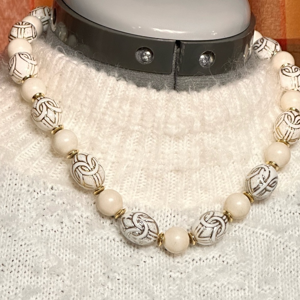 Vintage White Beaded Necklace Celtic Knot Gold Accents
